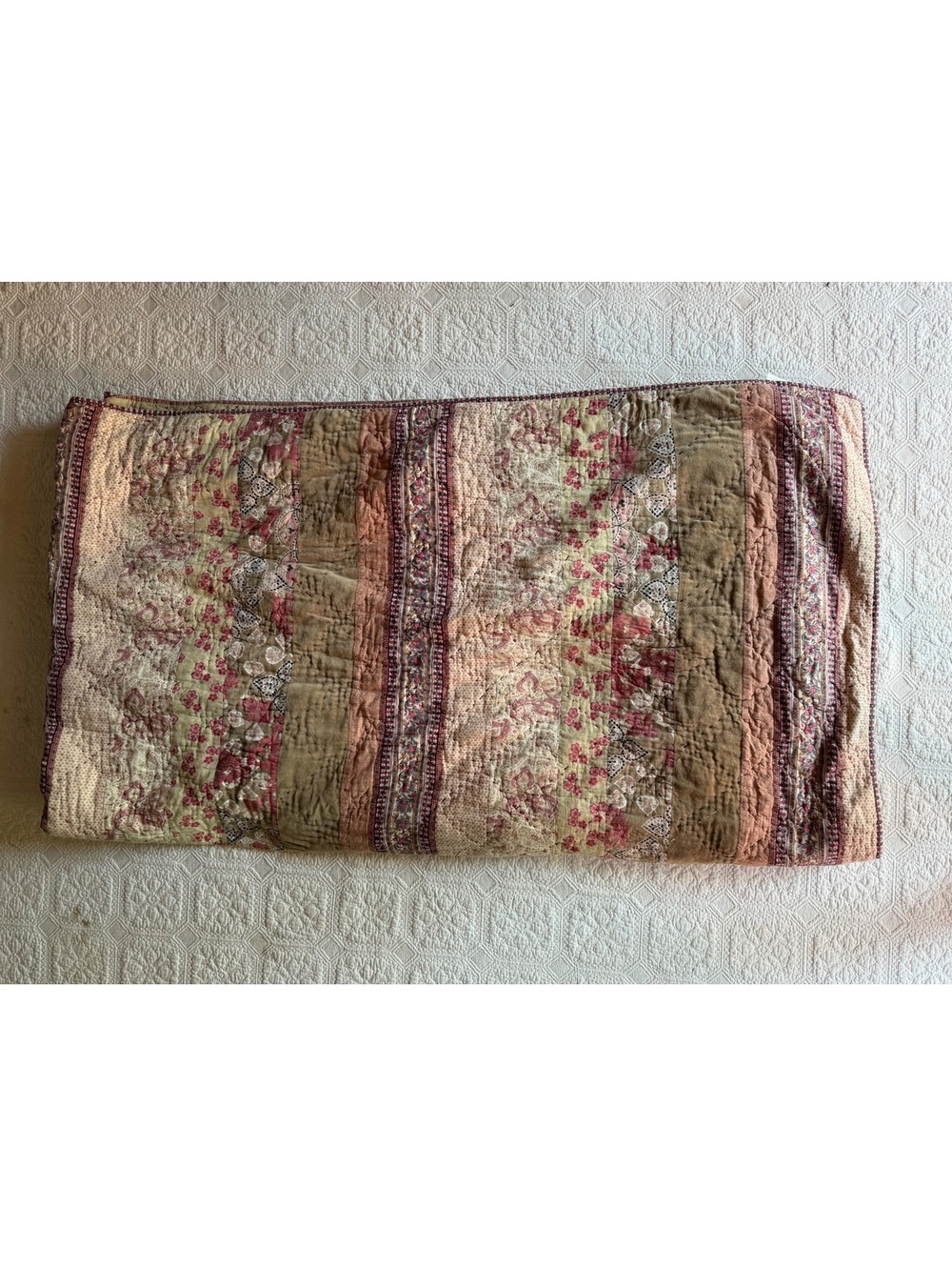 Vintage Quilted Cotton Bedspread Throw with Floral and Stripe Pattern